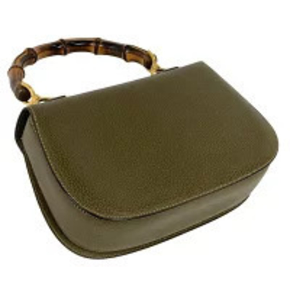 Gucci 2way Brown Green Leather Khaki Bamboo Shoulder Bag Brown Green